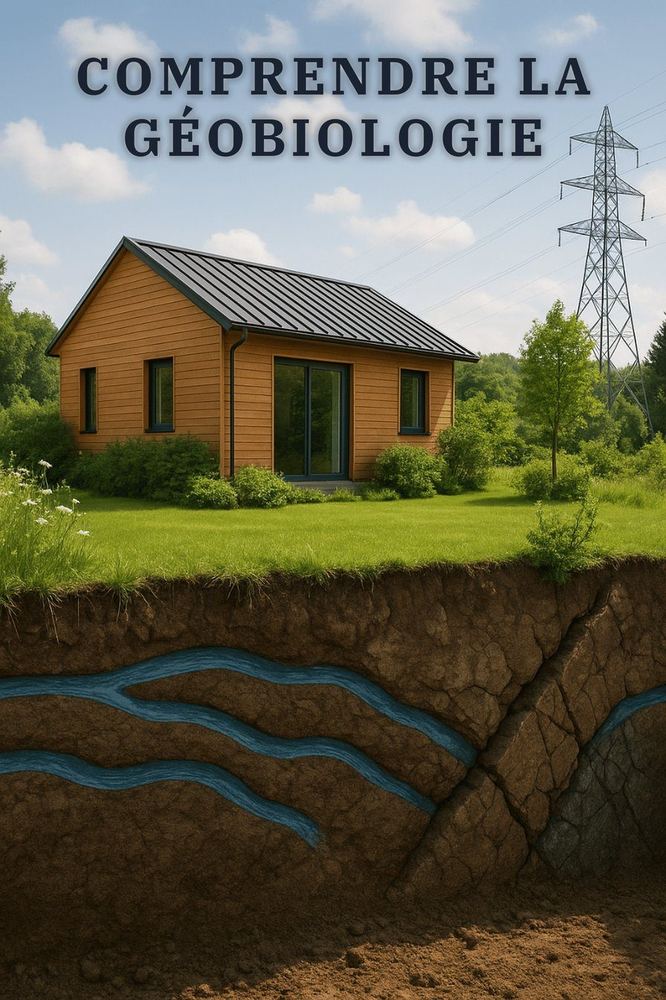 Comprendre la géobiologie : une maison, un pylône électrique et les cours d'eau souterrains représentés en coupe